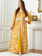 Fashion Autumn Winter Printing Velvet Evening Party Set With Sashes Jalabiyat Dubai Moroccan Long Sleeve V-Neck Gown Yellow Dress